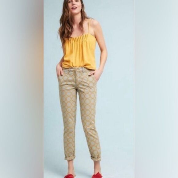 Anthropologie Chino khaki & gold embroidered relaxed pants - Picture 4 of 9